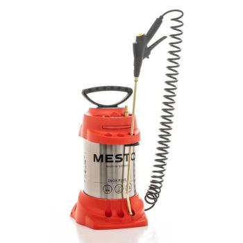 Komplettansicht des MESTO INOX PLUS 6 Hochdrucksprühgeräts 3595F mit Edelstahlbehälter, rotem Schutzmantel, Spiralschlauch und ergonomischer Hochdruckpistole